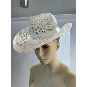 White Lace Bridal Cowgirl Hat With Veil & Floral Accent